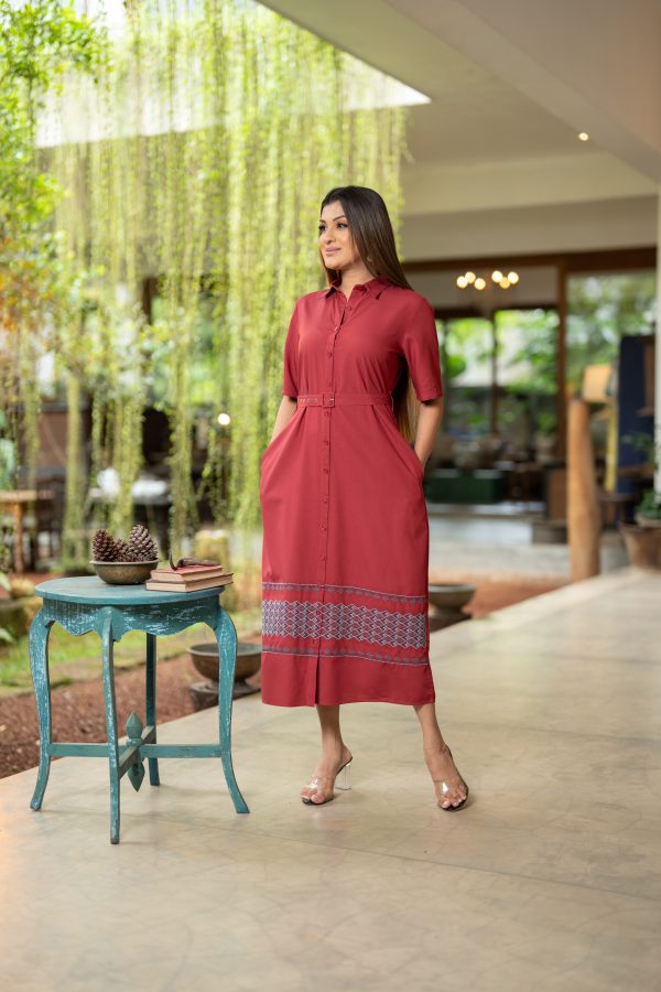 Geometric Embroidered Belt Detailed Midi Dress - Image 2