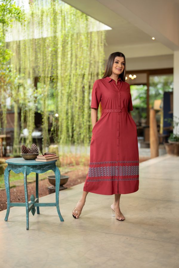Geometric Embroidered Belt Detailed Midi Dress - Image 3