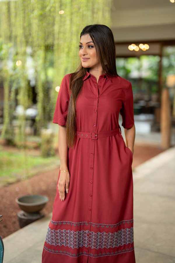 Geometric Embroidered Belt Detailed Midi Dress - Image 4
