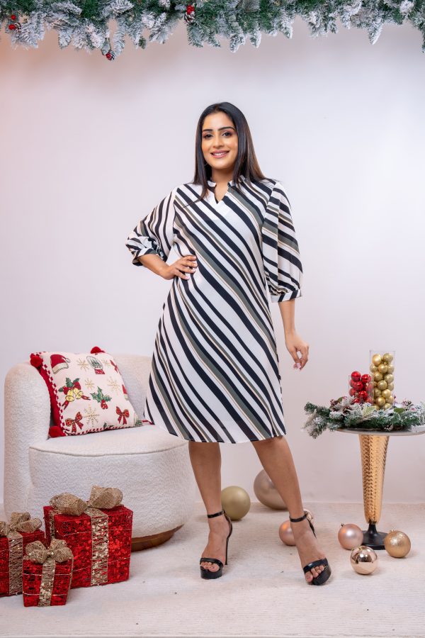 Puff Sleeved Stripe Patterned Short Dress