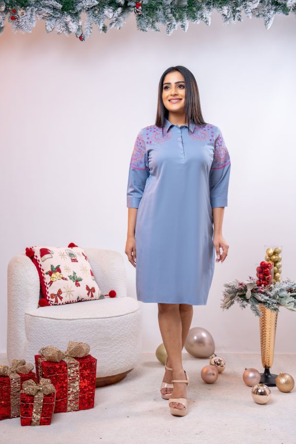 Half Placket Embroidered Short Dress - Image 2