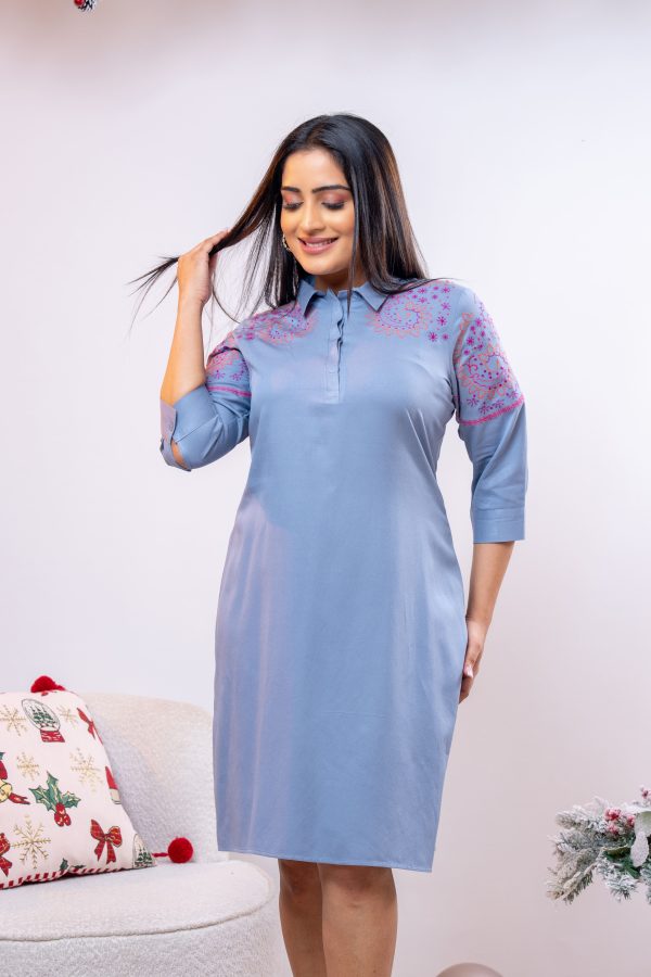 Half Placket Embroidered Short Dress - Image 4