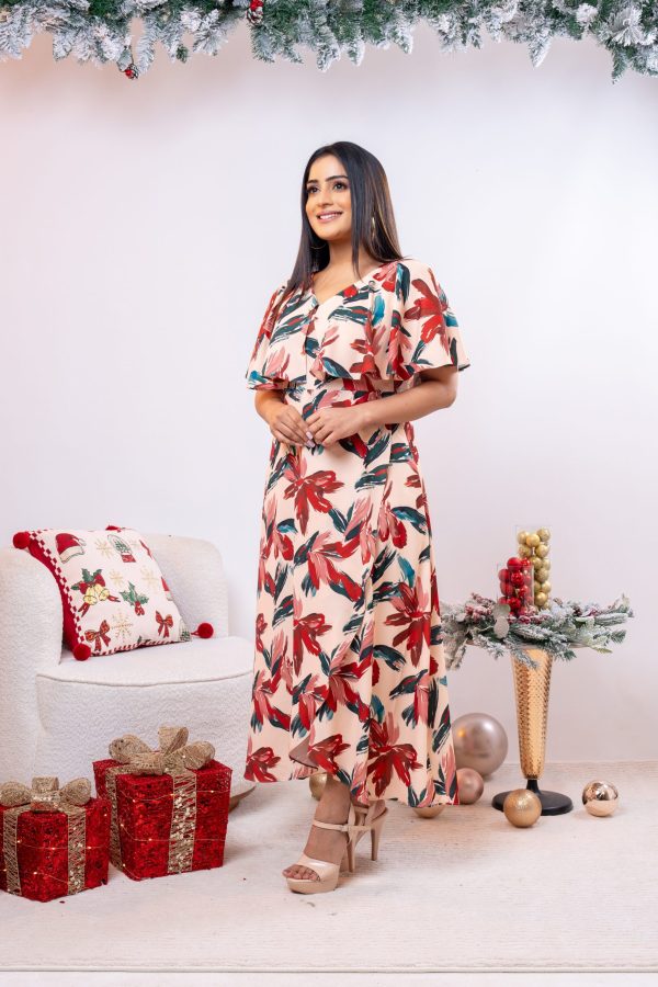 Abstract Patterned Frilled Neck Maxi Dress - Image 2