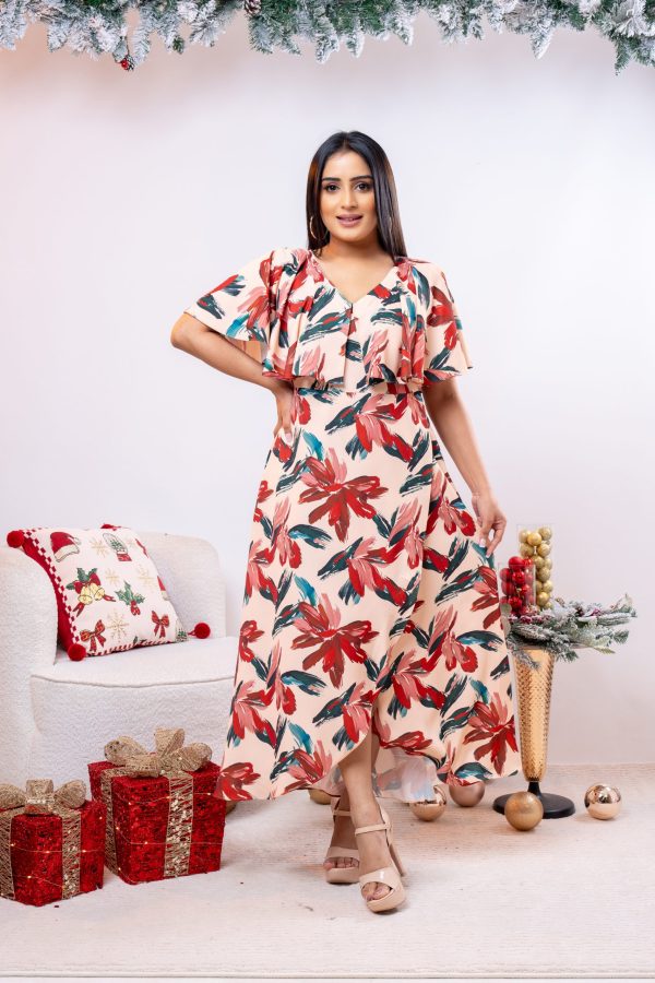 Abstract Patterned Frilled Neck Maxi Dress - Image 3