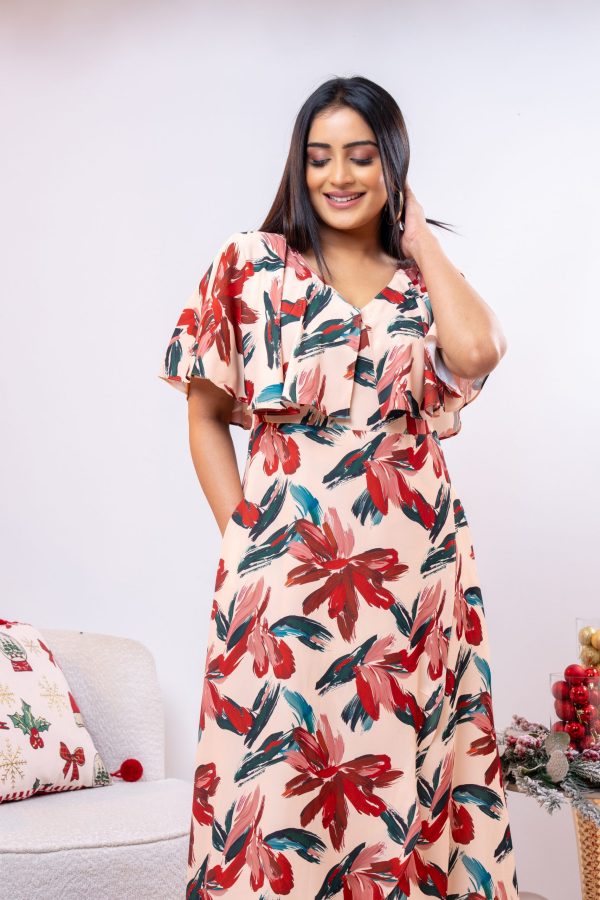 Abstract Patterned Frilled Neck Maxi Dress - Image 4