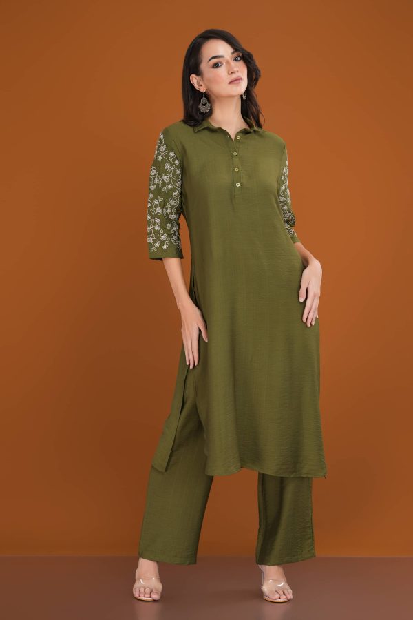 Embroidered Sleeve Shirt Collar Kurta & Pant - Image 2