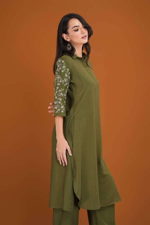 Embroidered Sleeve Shirt Collar Kurta & Pant - Image 3