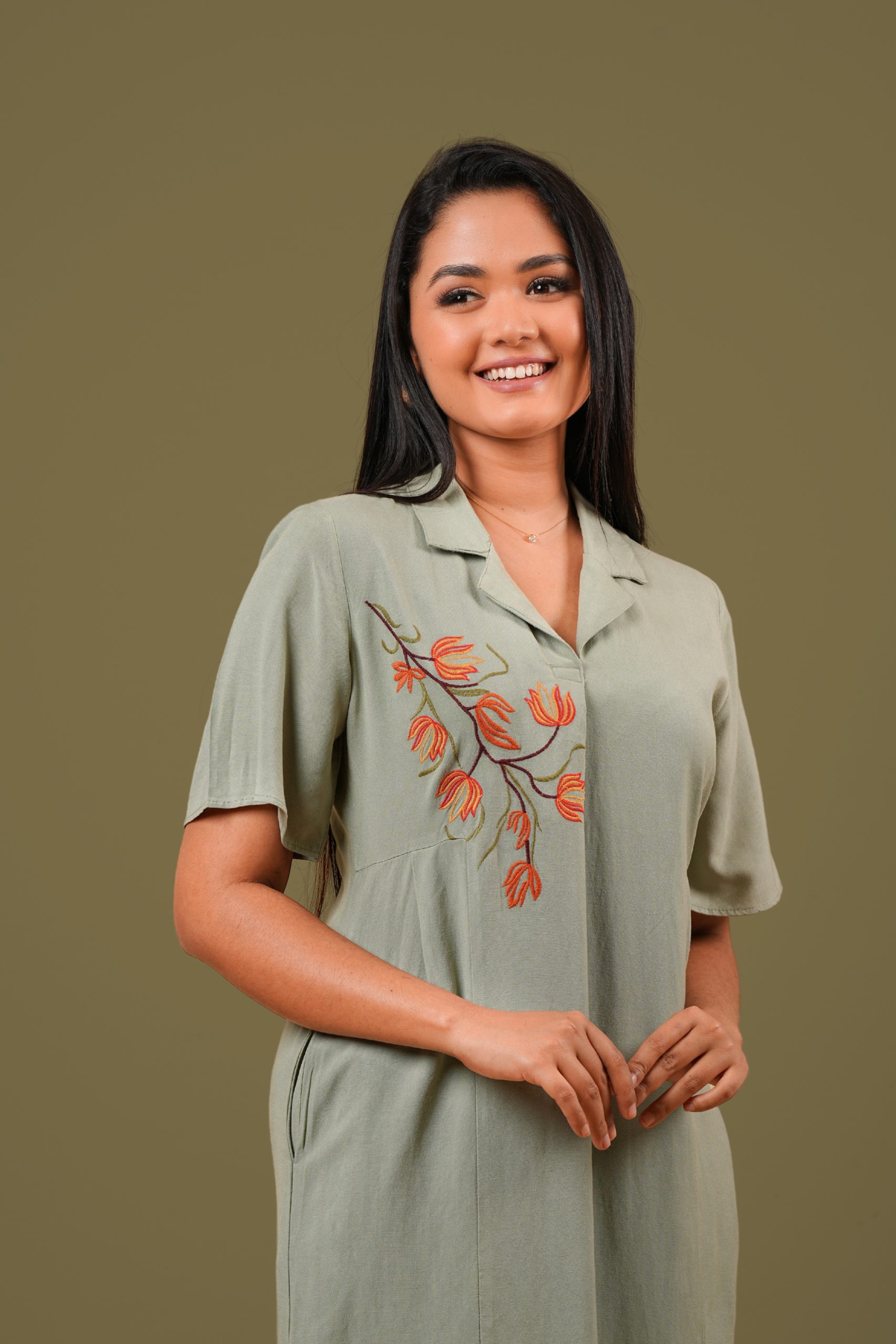 Lapel Collared Floral Embroidery Short Dress - Image 2