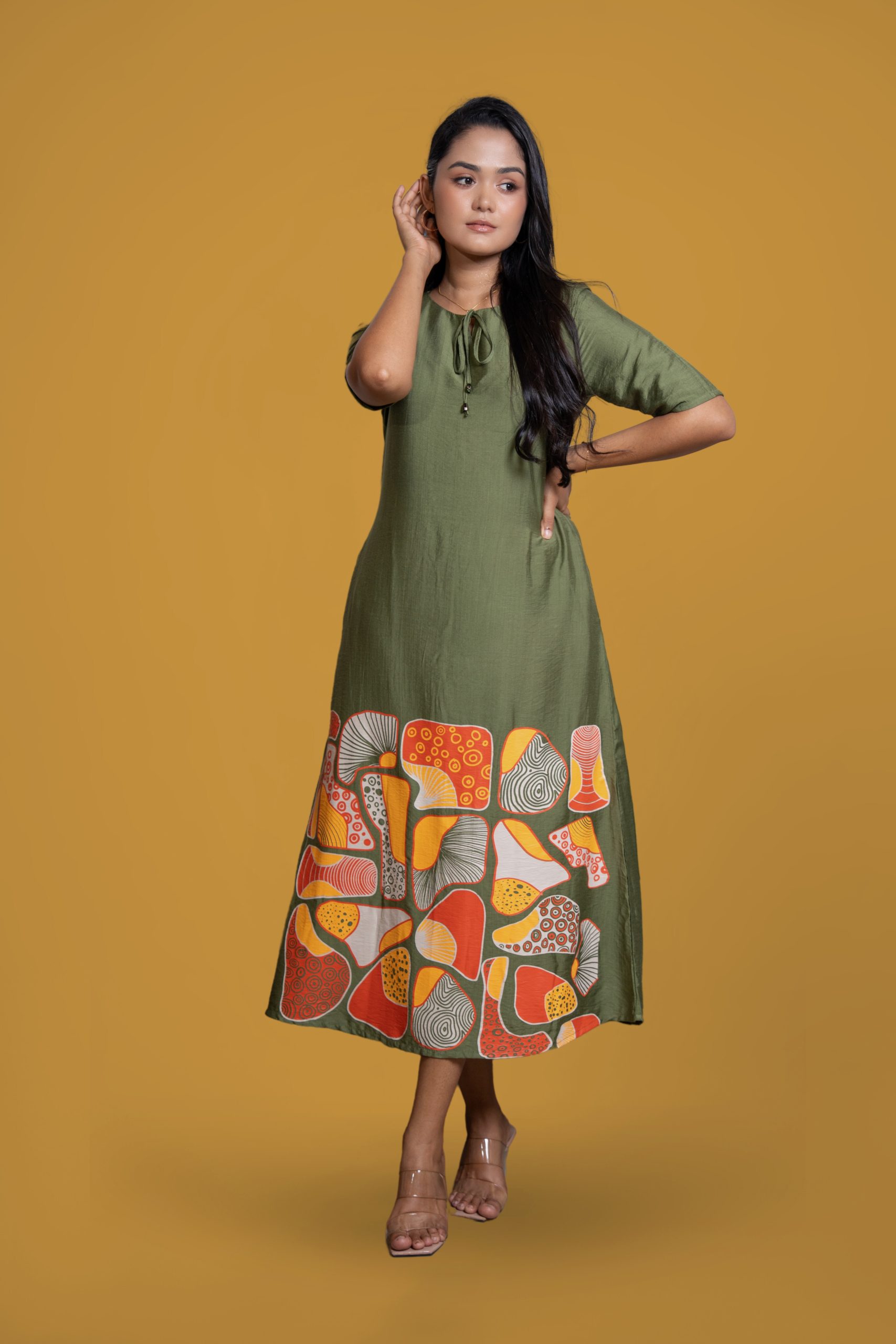 Printed Neck Tie-Up Dress - Image 3