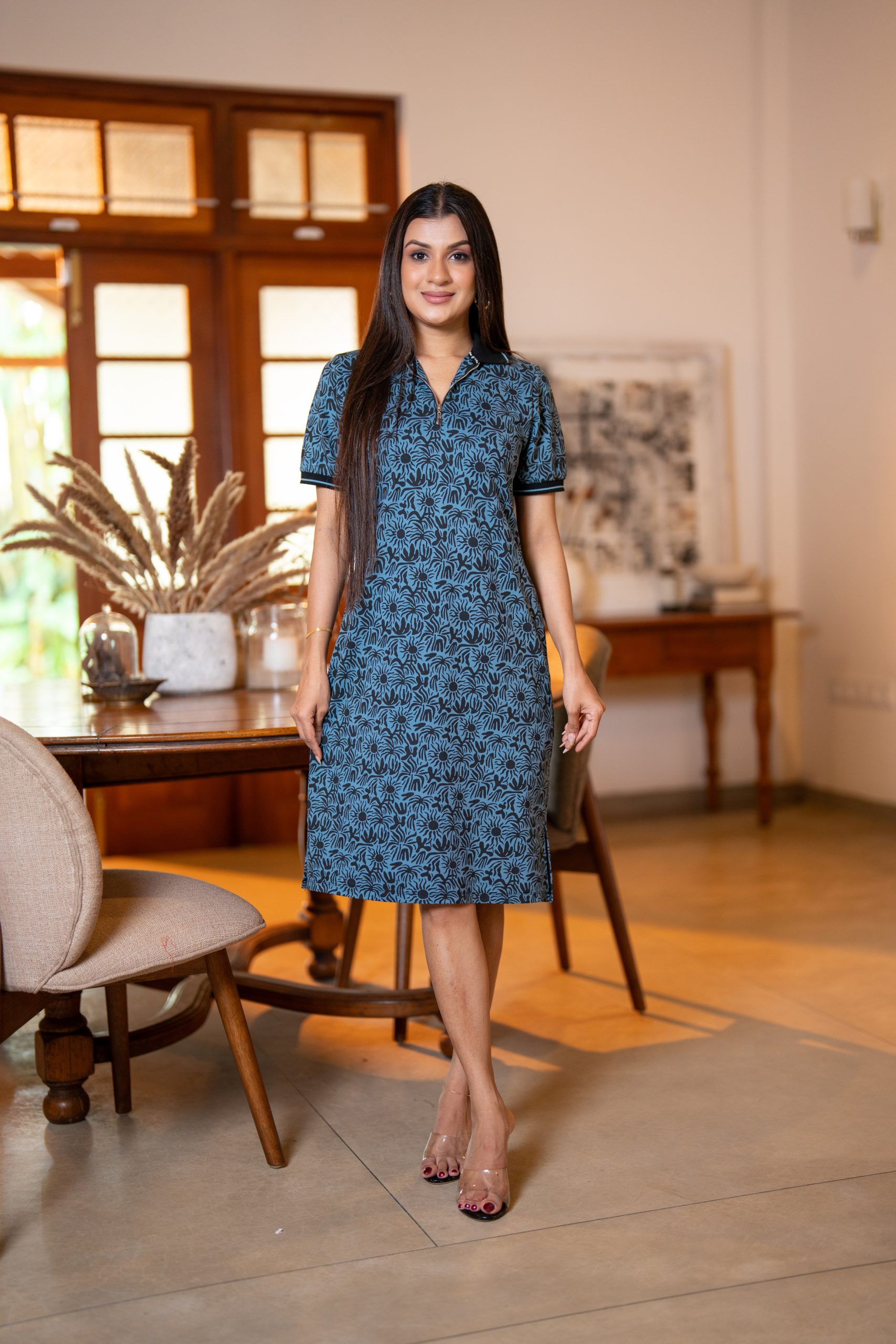 Metallic Zipper detail Polo Short Dress