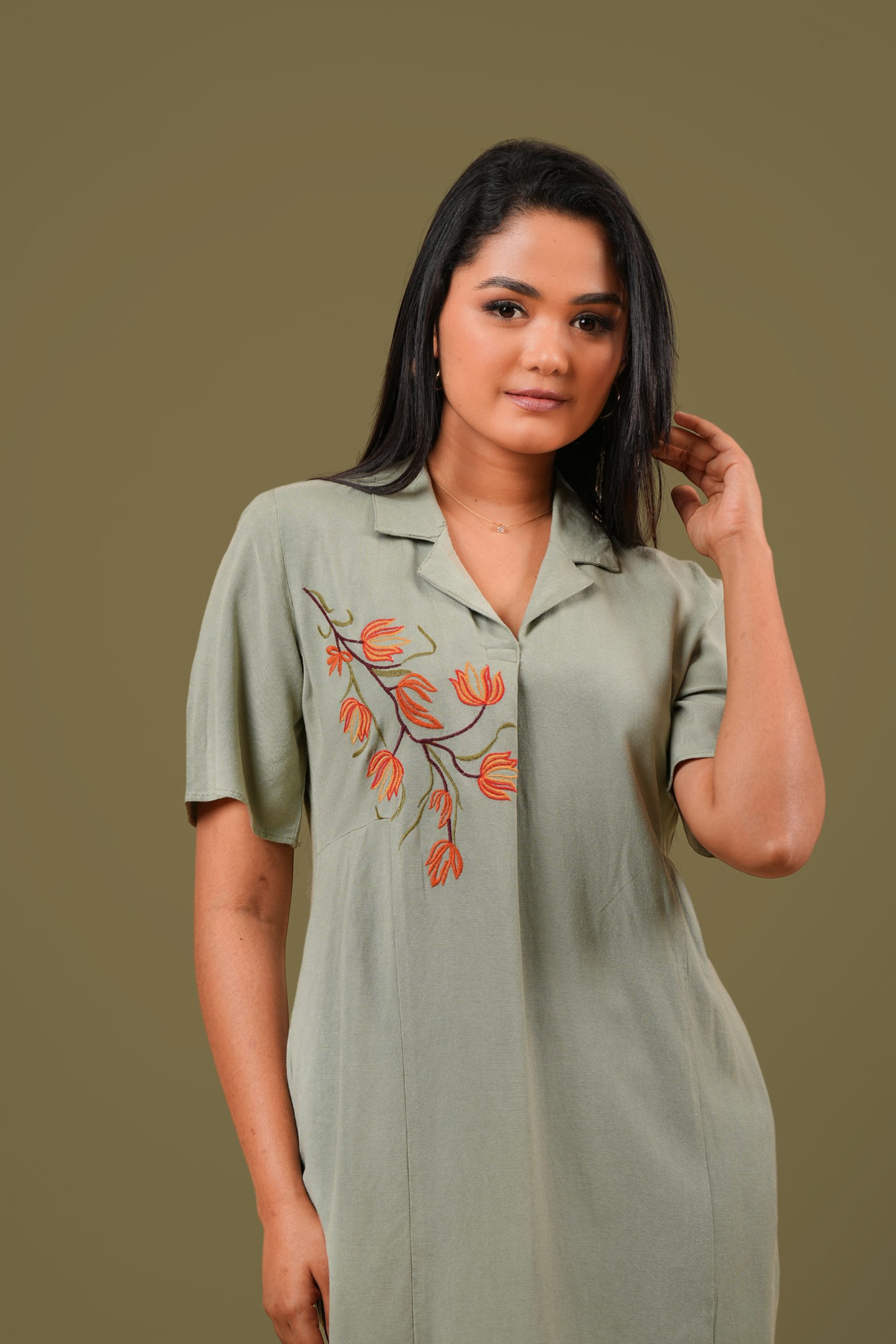 Lapel Collared Floral Embroidery Short Dress