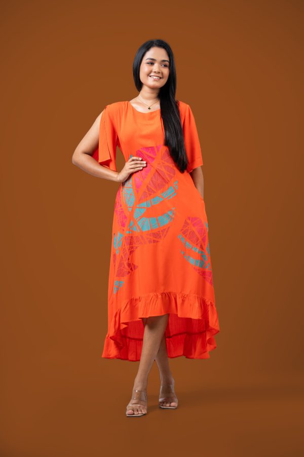 Printed Frilled Hem Detailed High-Low Midi Dress - Image 5