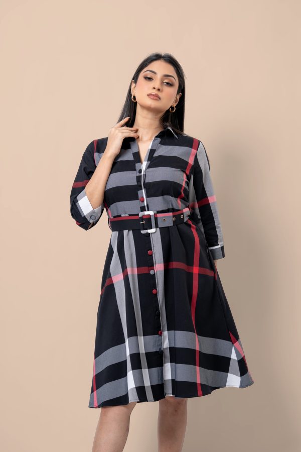 Plaid Patterned Belt Detail Short Dress - Image 2