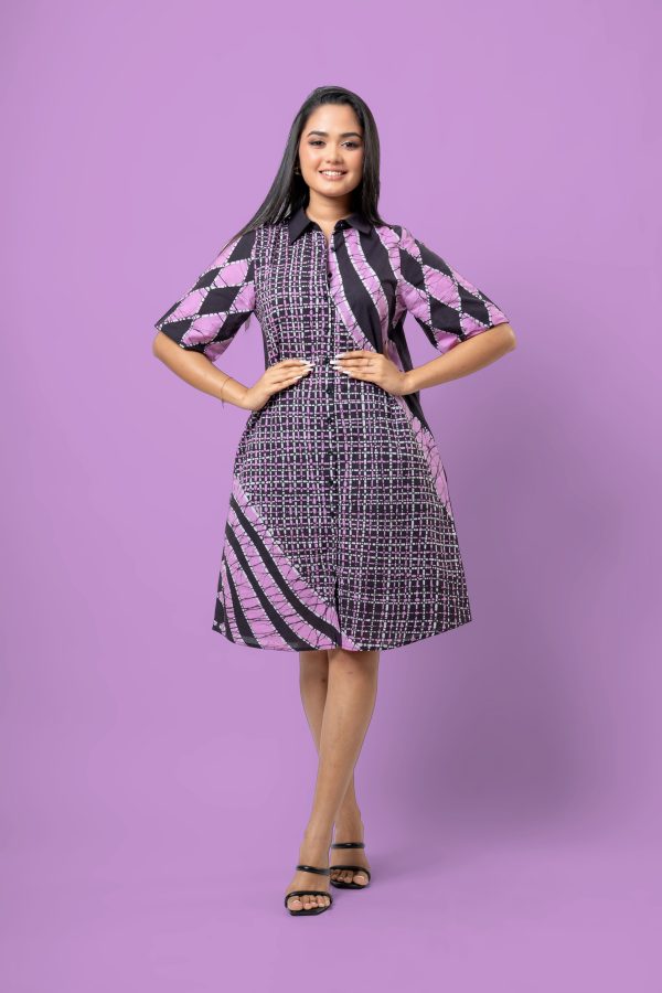 Abstract Geometric Patterned Short Shirt Dress - Image 5