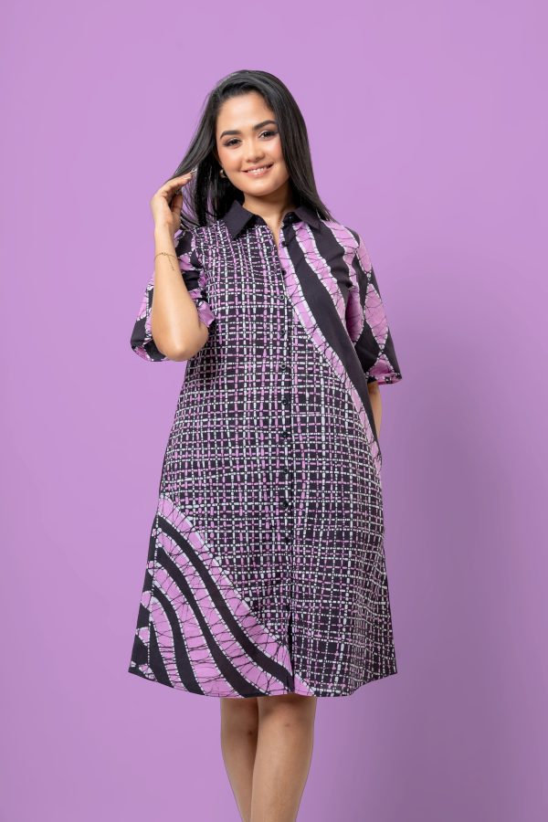 Abstract Geometric Patterned Short Shirt Dress - Image 2