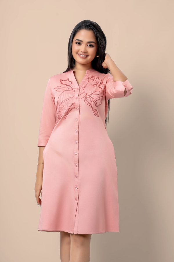 Floral Embroidery Detail Button-Down Short Dress - Image 3