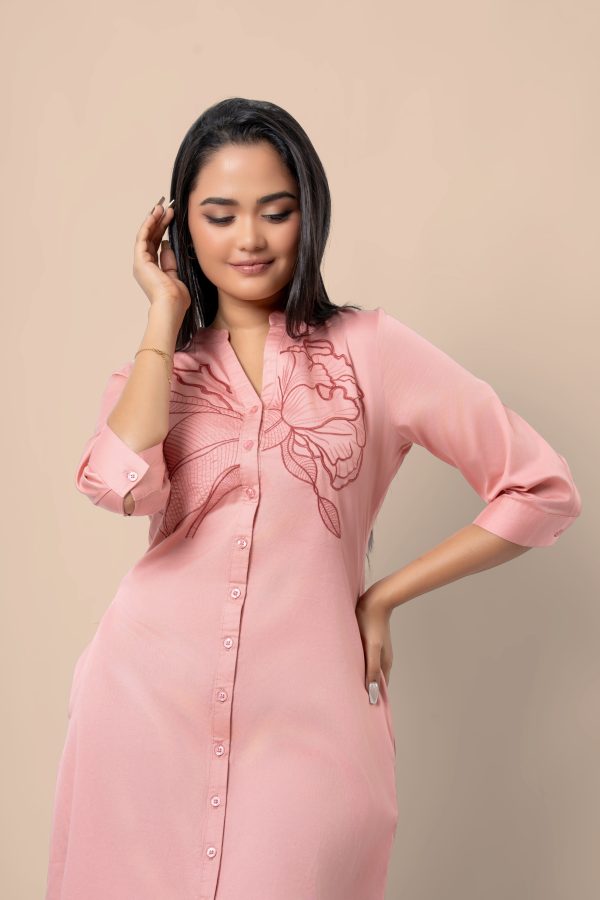 Floral Embroidery Detail Button-Down Short Dress - Image 2