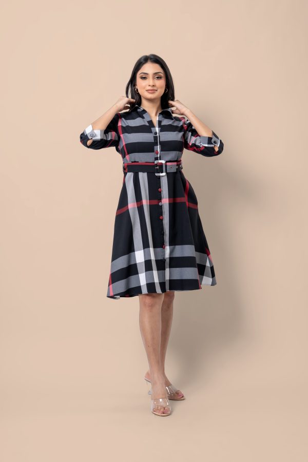 Plaid Patterned Belt Detail Short Dress - Image 3