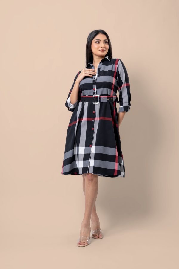 Plaid Patterned Belt Detail Short Dress - Image 4