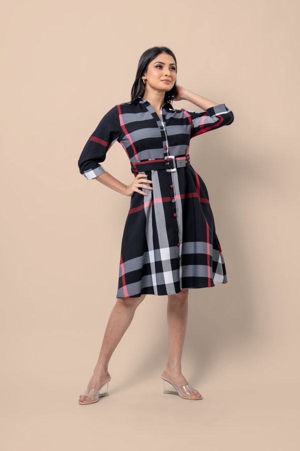 Plaid Patterned Belt Detail Short Dress - Image 5
