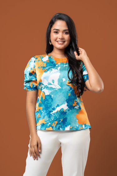 Abstract Floral Printed Puff Sleeve Blouse