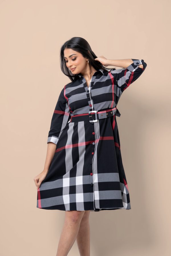 Plaid Patterned Belt Detail Short Dress - Image 6