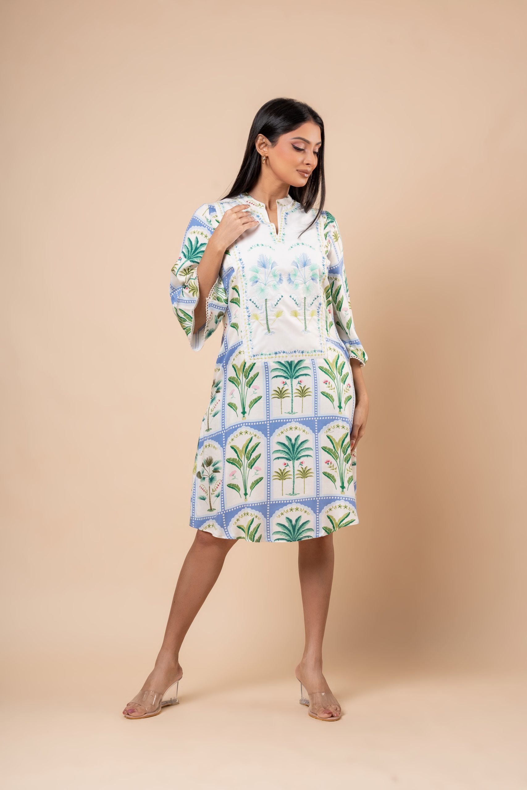 Botanical Patterned Embroidered Short Dress
