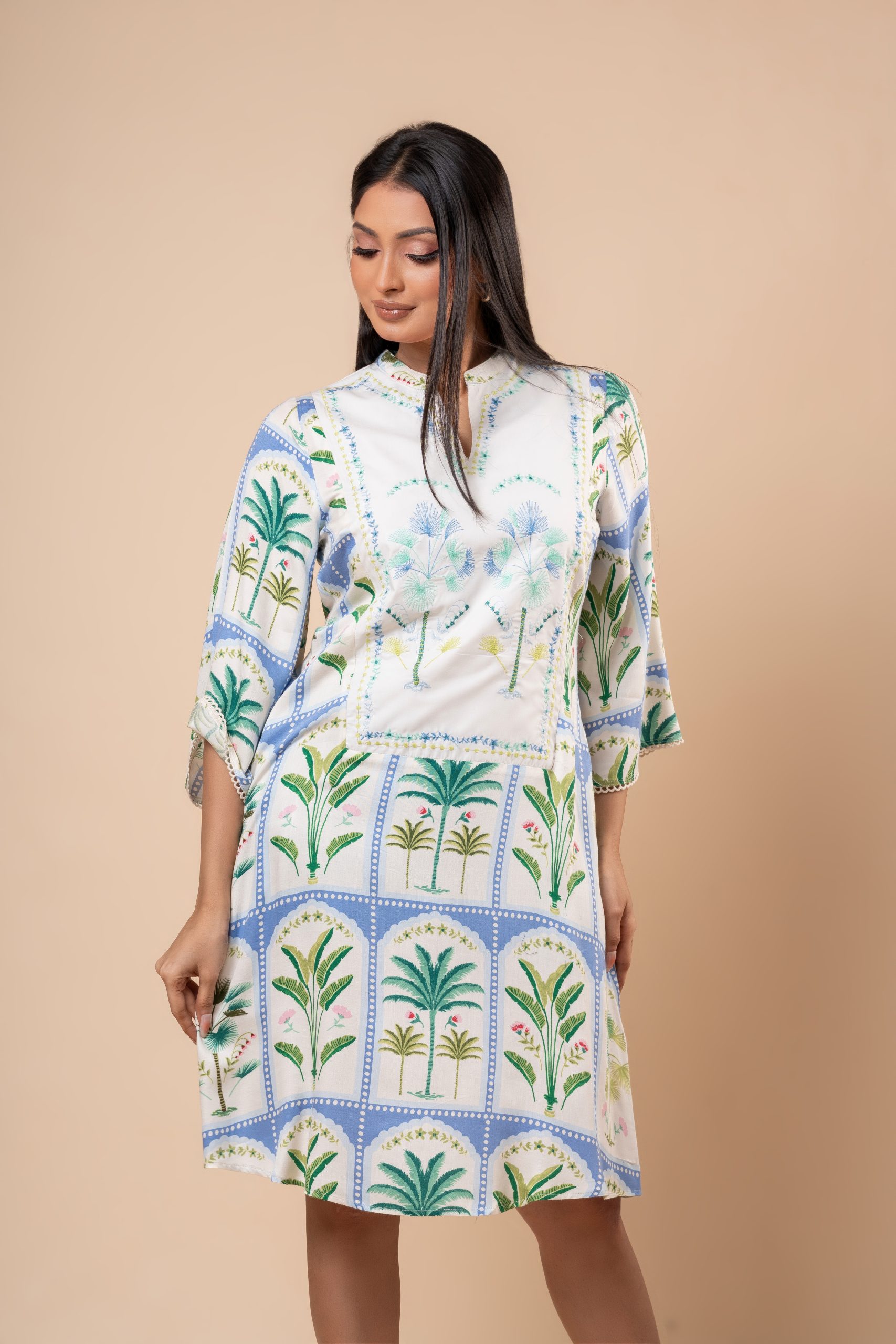 Botanical Patterned Embroidered Short Dress - Image 3