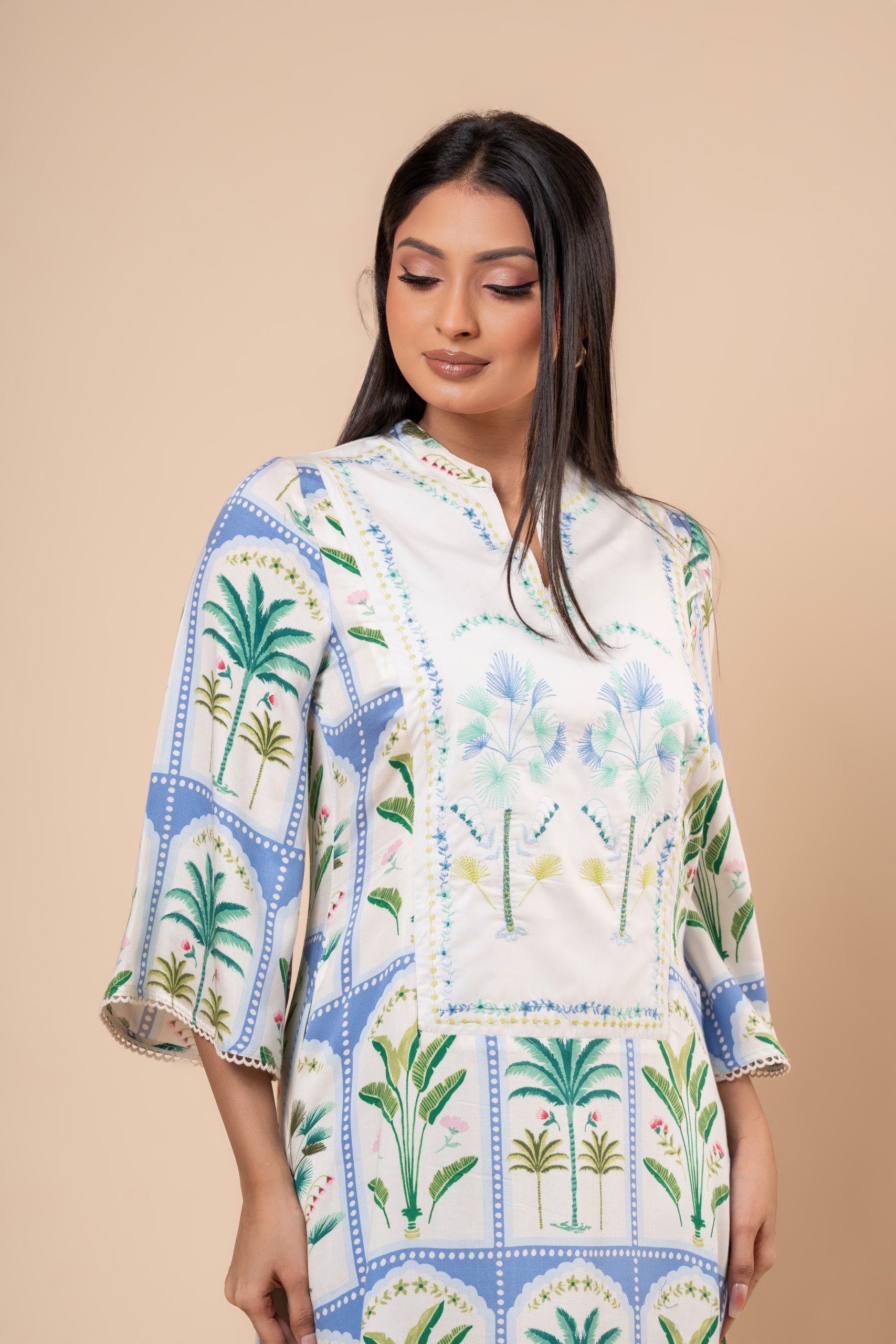 Botanical Patterned Embroidered Short Dress - Image 4