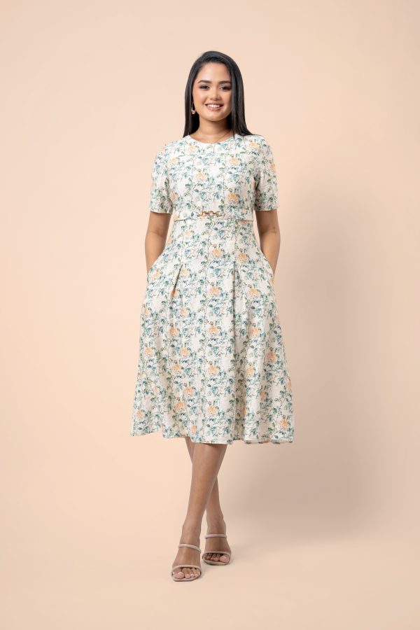 Floral Patterned Front Buckle Detail Midi Dress - Image 5