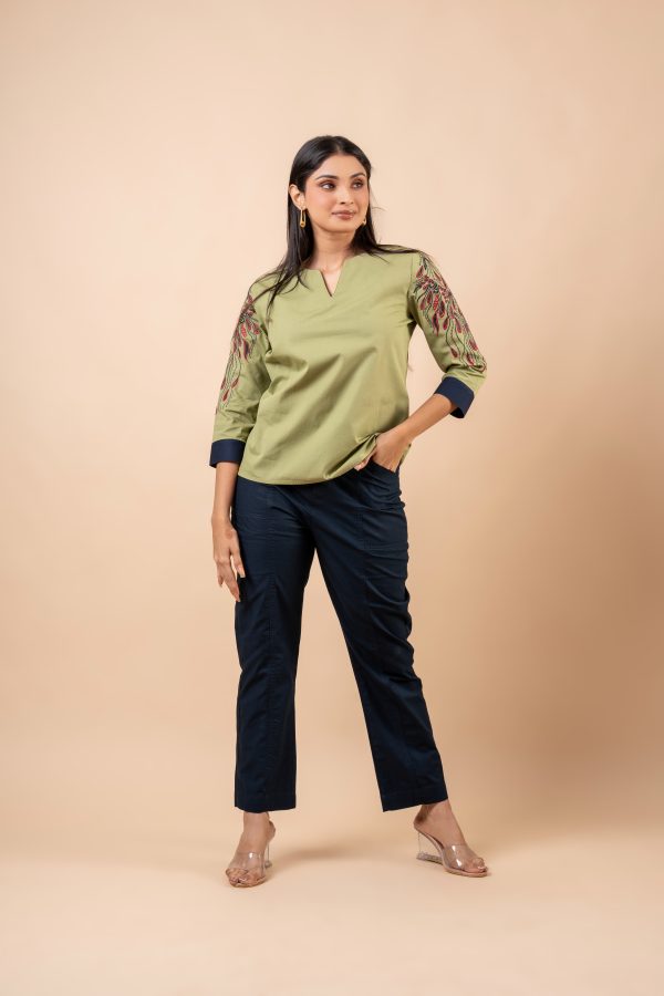 Two-Tone Embroidered Notch Necked Top - Image 2