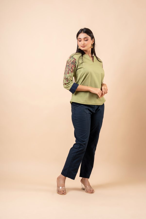 Two-Tone Embroidered Notch Necked Top - Image 4