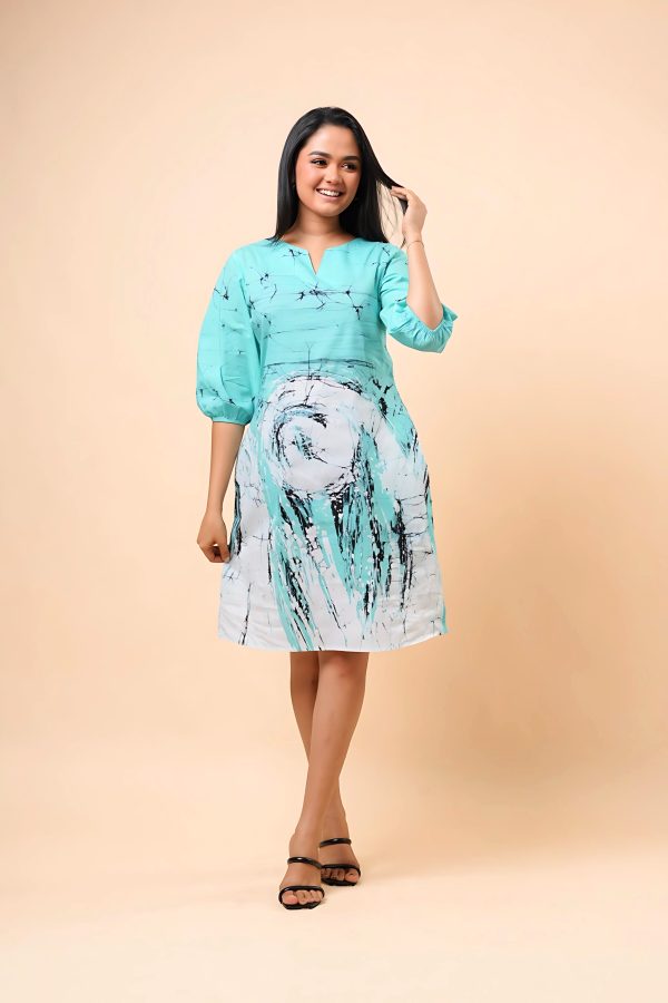 Puff Sleeve Notch Neck Batik Short Dress - Image 4