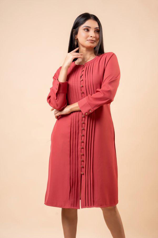 Pleat Detail Button-Down Short Dress