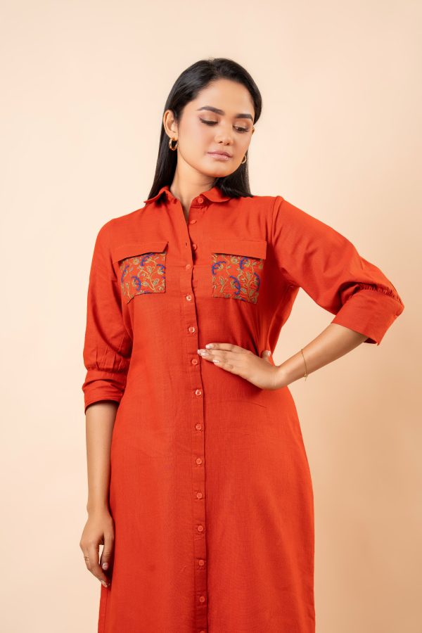 Pocket Embroidery Detail Midi Shirt Dress - Image 2