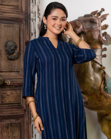 Stripe Patterned Notch Neck Maxi Dress