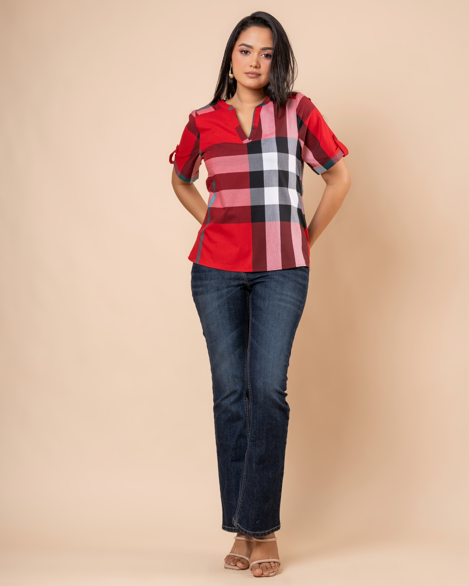 Plaid Patterned Tab Detail Blouse - Image 3