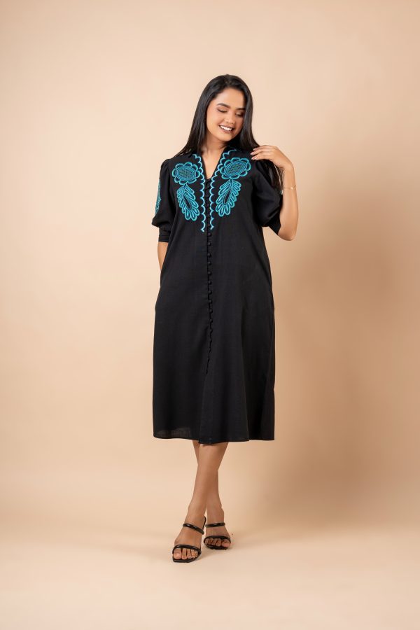 Embroidered Puff Sleeve Midi Dress - Image 6