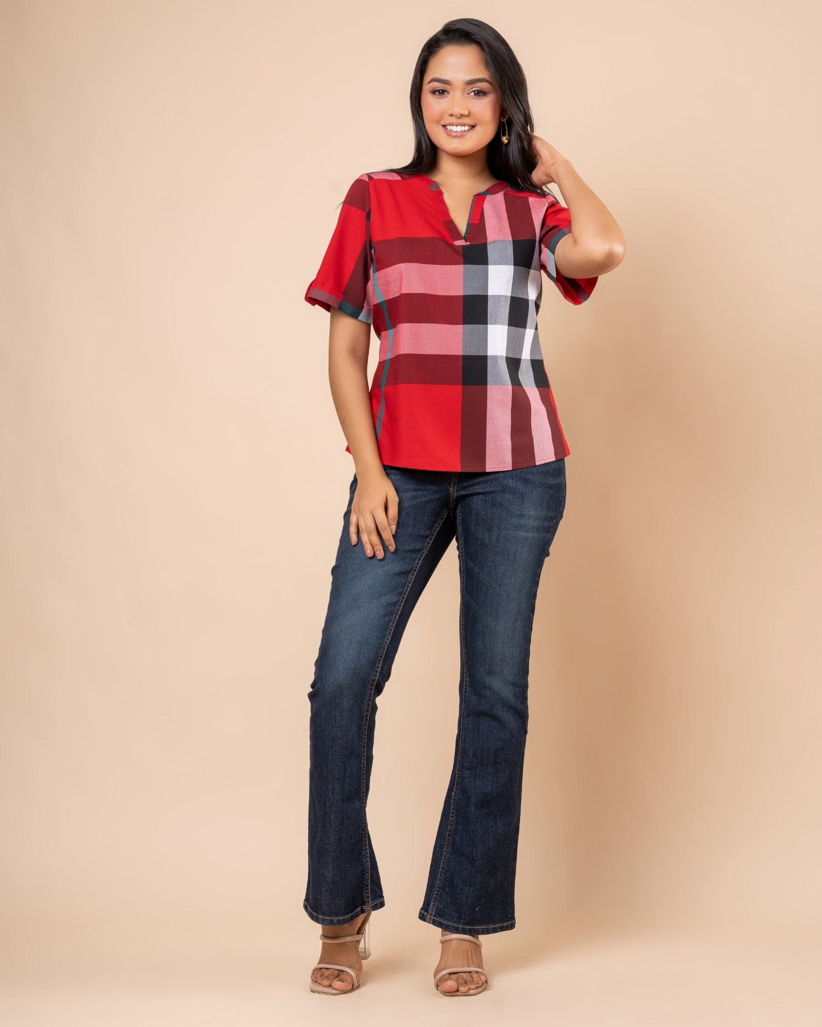 Plaid Patterned Tab Detail Blouse - Image 4