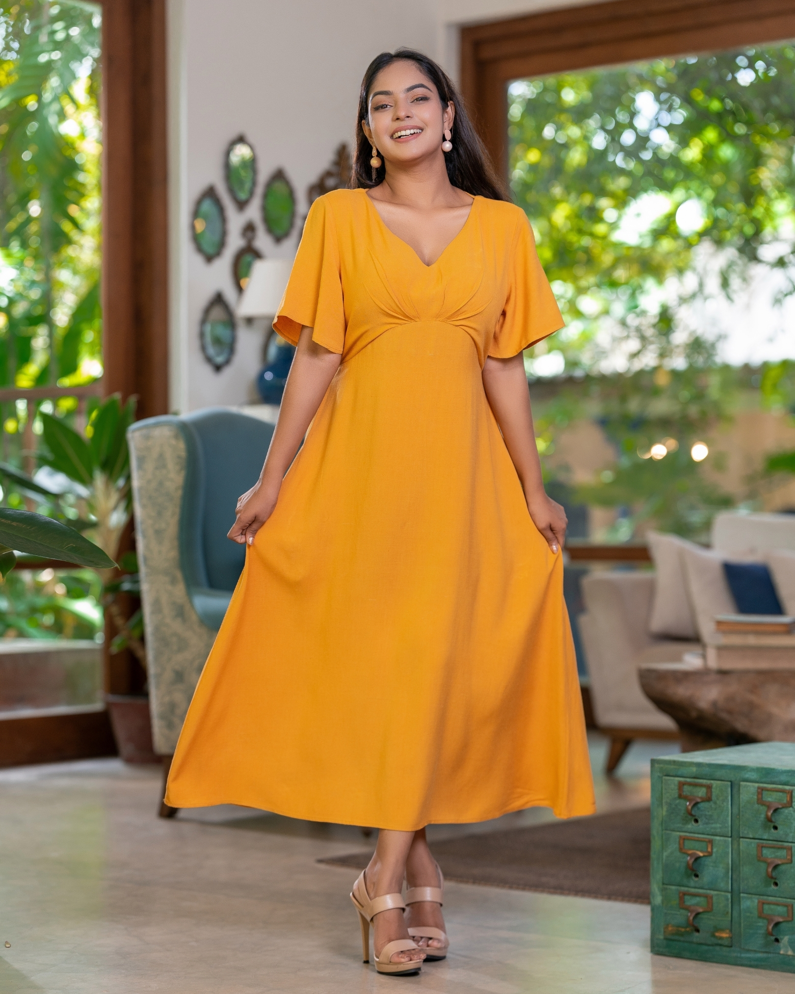 Front Gather Detail Flutter Sleeve Midi Dress