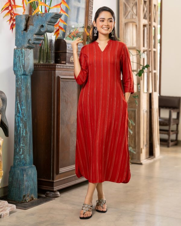 Stripe Patterned Notch Neck Maxi Dress - Image 5