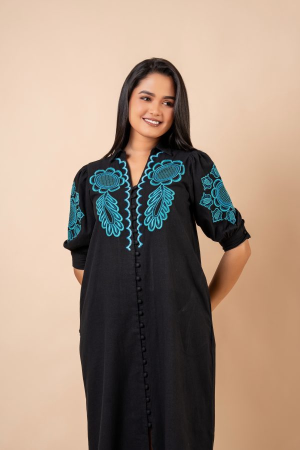 Embroidered Puff Sleeve Midi Dress - Image 2