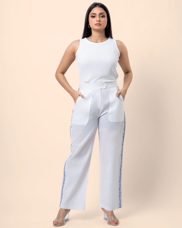 Embroidery Detail Straight Leg Linen Pant