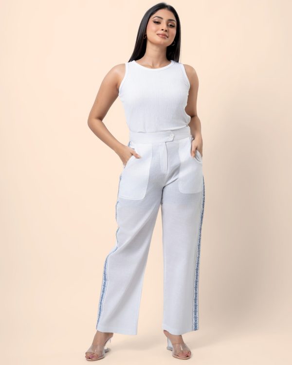 Embroidery Detail Straight Leg Linen Pant - Image 4