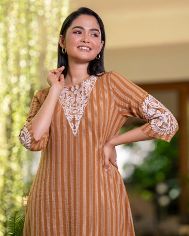 Embroidery Detail Stripe Patterned Midi Dress