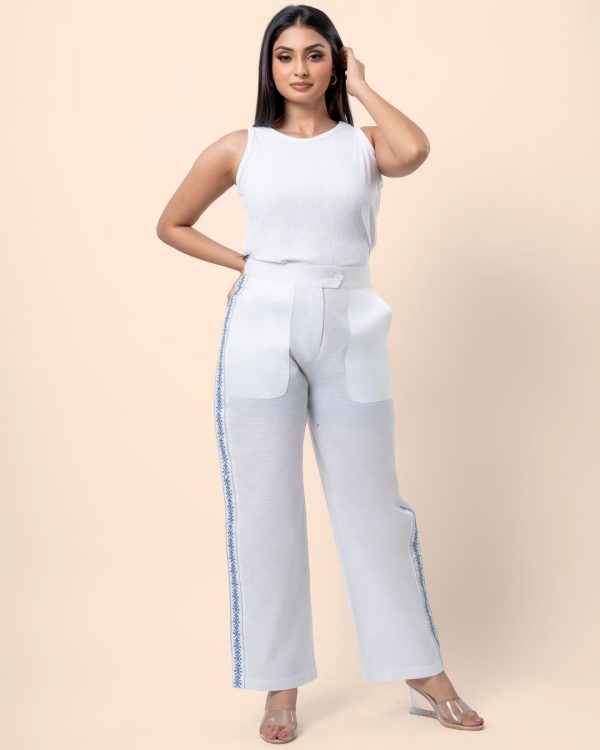Embroidery Detail Straight Leg Linen Pant - Image 5