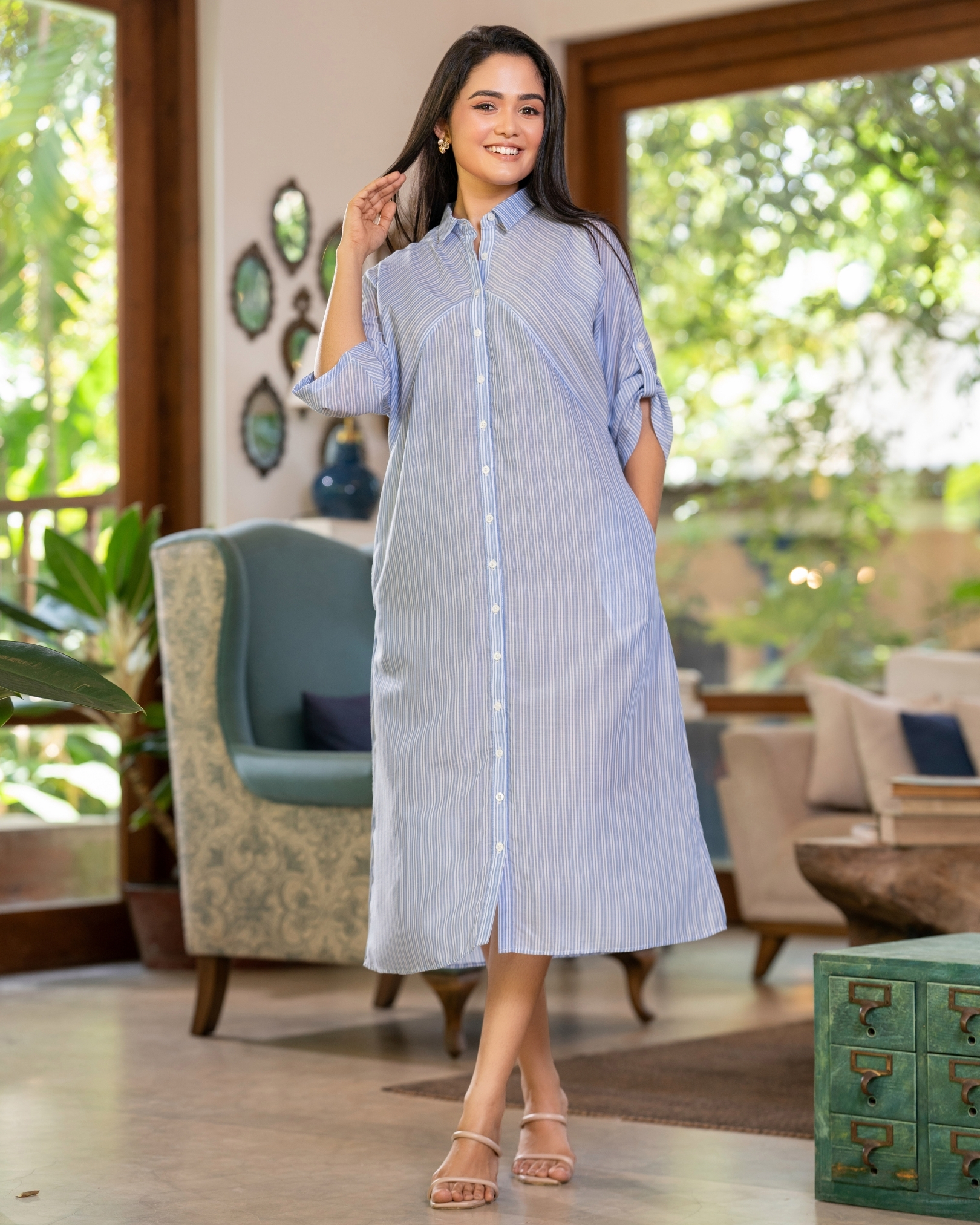 Stripe Patterned Tab detail Midi Shirt Dress - Image 4
