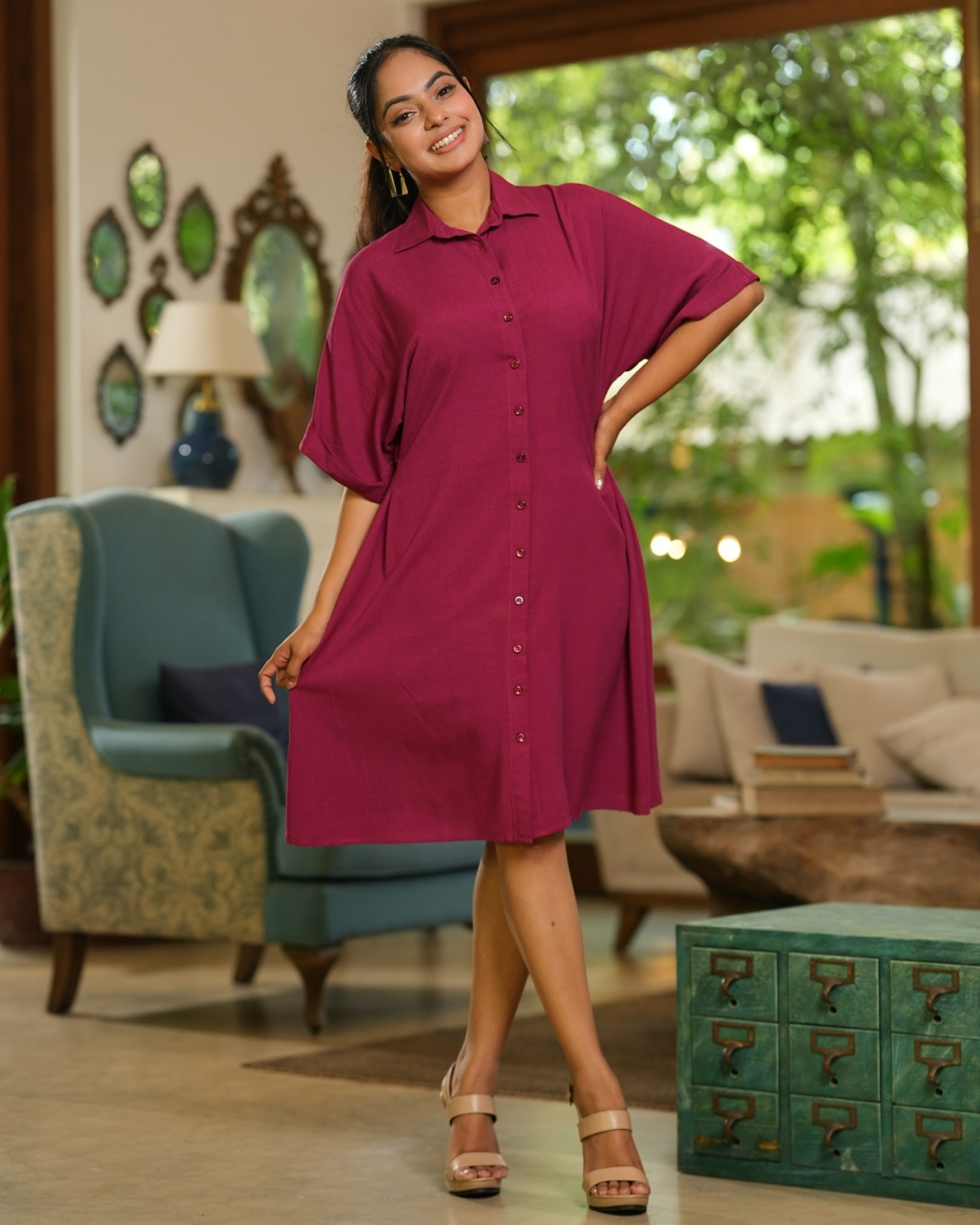 Side Pleated Button-Down Short Dress - Image 4