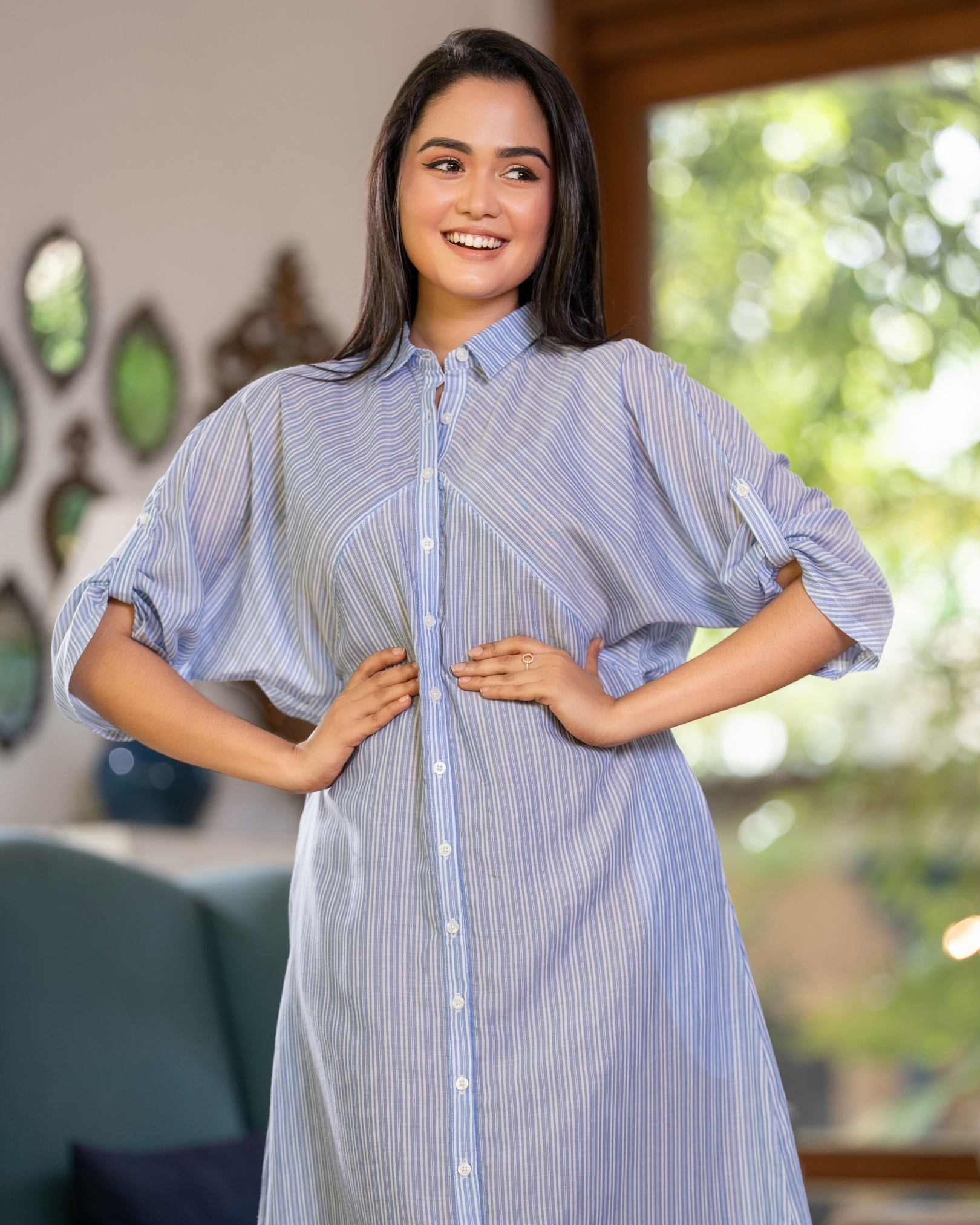 Stripe Patterned Tab detail Midi Shirt Dress - Image 2