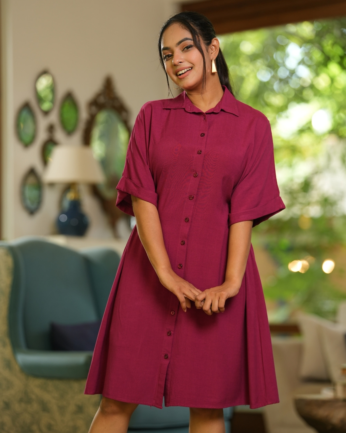 Side Pleated Button-Down Short Dress - Image 3